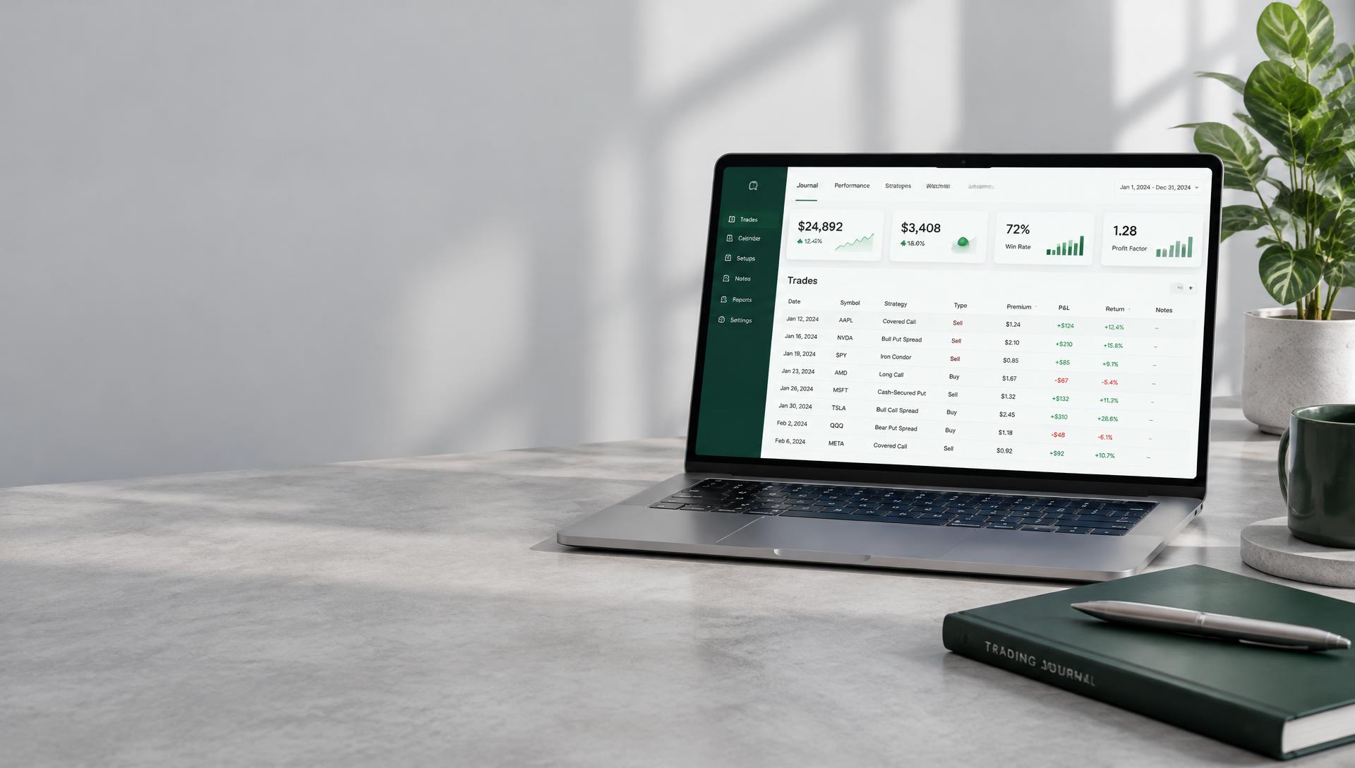 Espacio de trabajo con un portátil y una representación ilustrativa de un diario de trading